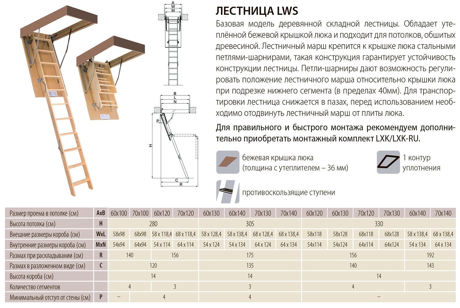 Описание, размеры и характеристики лестниц серии LWS производителя Fakro
